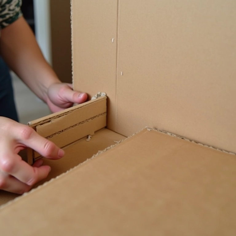 Mãos montando as paredes de uma casinha de papelão com fita adesiva.