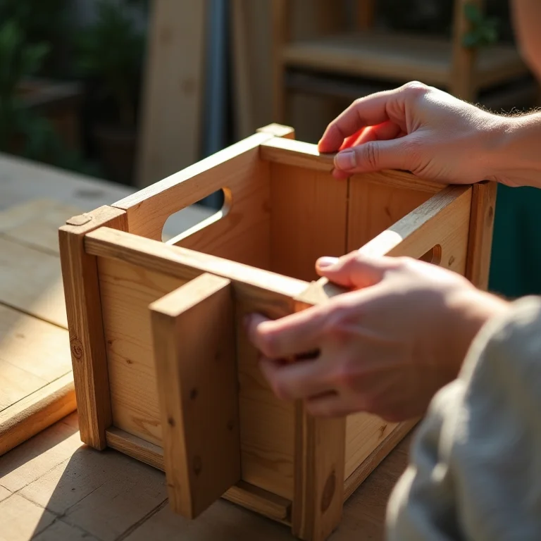 Mãos montando estante modular com caixotes
