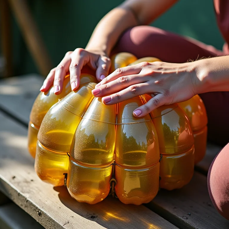 Mãos montando estrutura de garrafas PET para puff