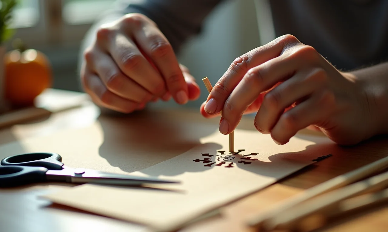 Mãos montando teatrinho de sombras com materiais simples.