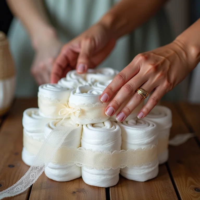 Mãos montando um bolo de fraldas decorado com renda