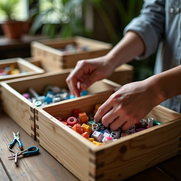 Mãos organizando materiais de artesanato em caixotes de madeira