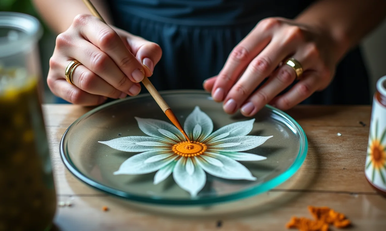 Mãos pintando à mão livre um padrão floral em um prato de vidro.