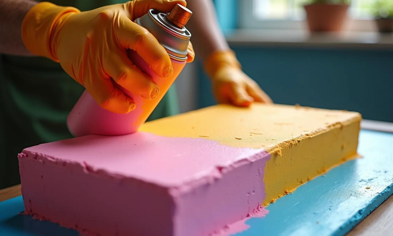 Mãos pintando isopor com tinta spray de cor vibrante.