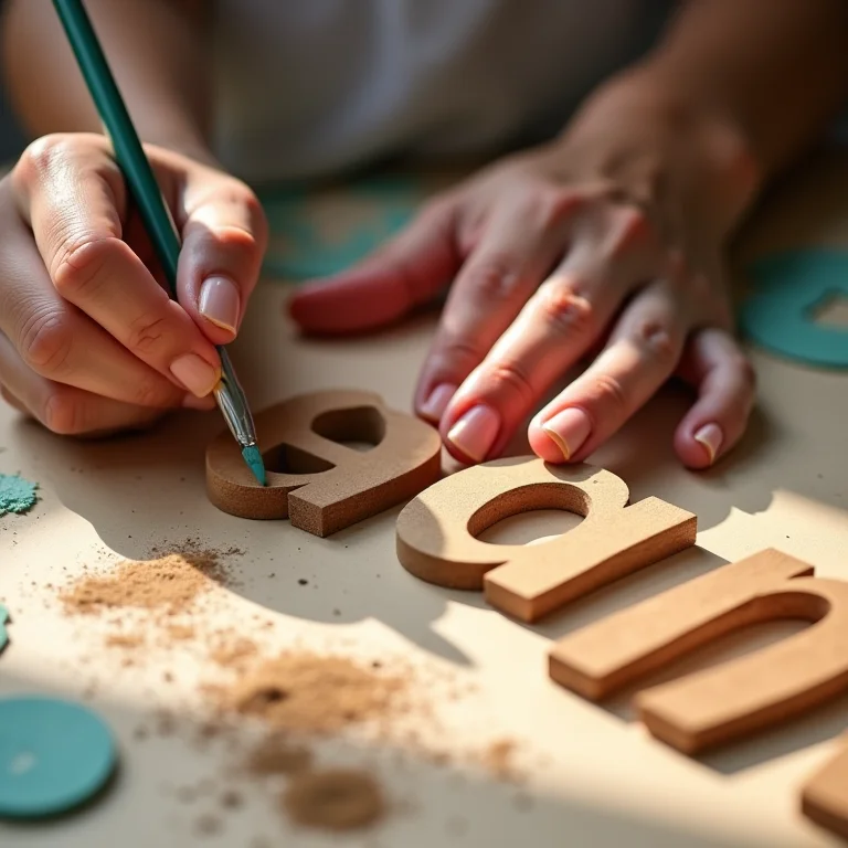 Mãos pintando letras de madeira para decoração de chá de fraldas
