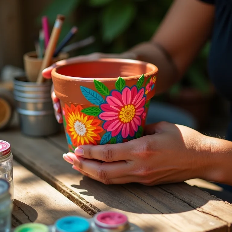 Mãos pintando pote de plástico com motivos florais