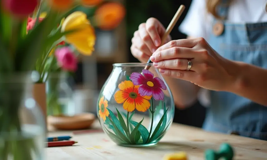 Mãos pintando vaso de vidro com design floral vibrante.