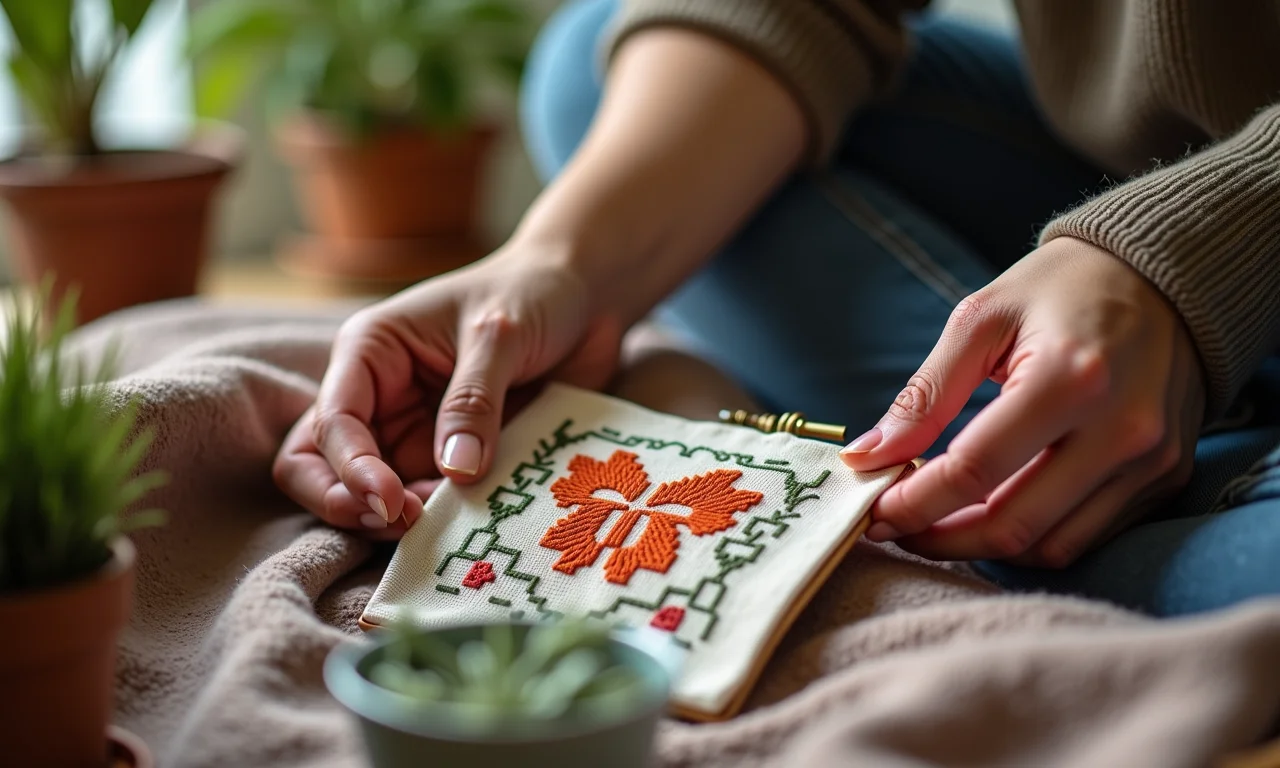 Mãos praticando ponto cruz em múltiplos projetos.
