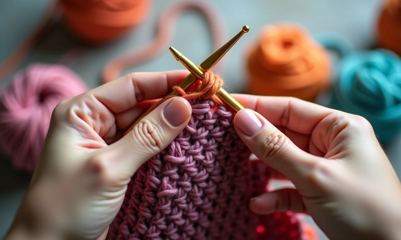 Mãos praticando pontos básicos de crochê com fio colorido.
