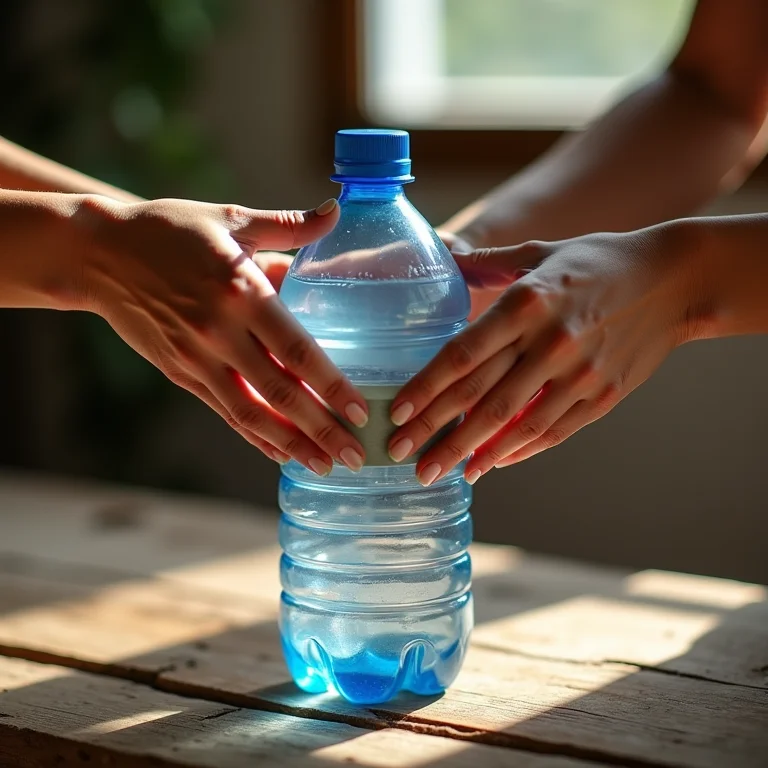 Mãos prendendo garrafas PET com fita adesiva para a estrutura do puff.