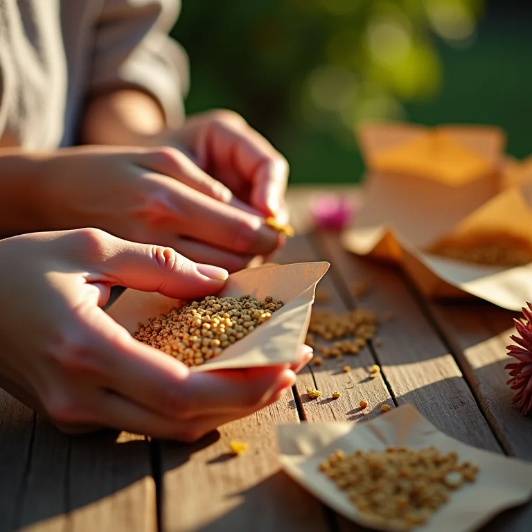 Mãos preparando embalagens de sementes de flores para lembrancinha de casamento.