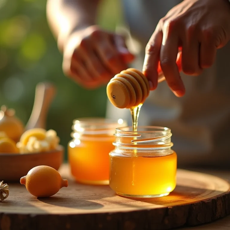 Mãos preparando lembrancinhas comestíveis de mel para casamento.