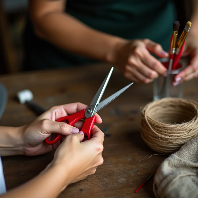 Mãos preparando materiais para artesanato com potes de plástico