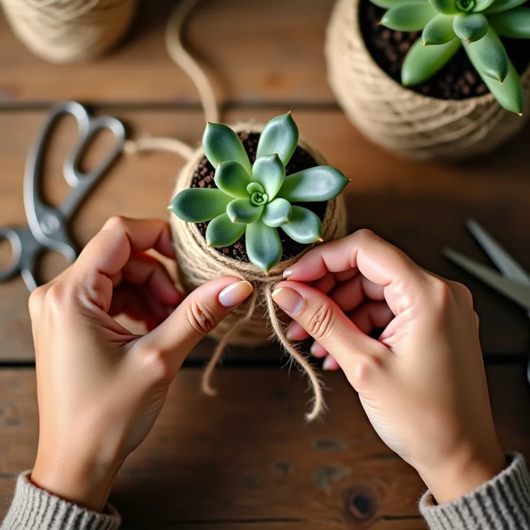 Mãos preparando mudas de suculentas como lembrancinha de casamento