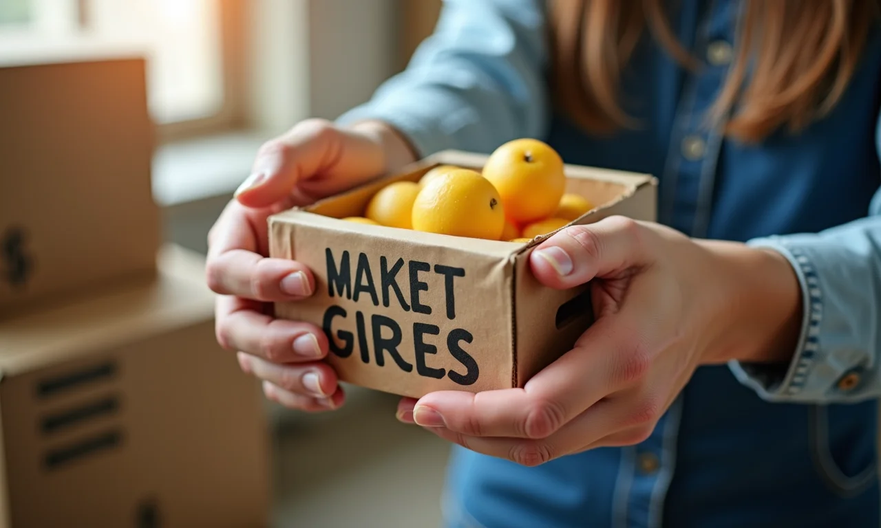 Mãos recebendo caixotes de feira de graça.