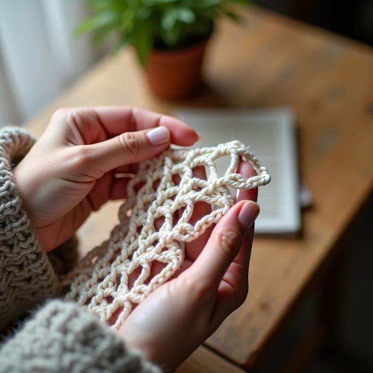Mãos repetindo o ponto correntinha em crochê.