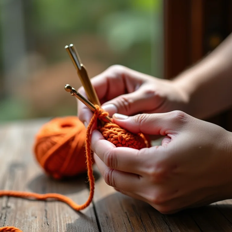 Mãos segurando agulha de crochê e fio.