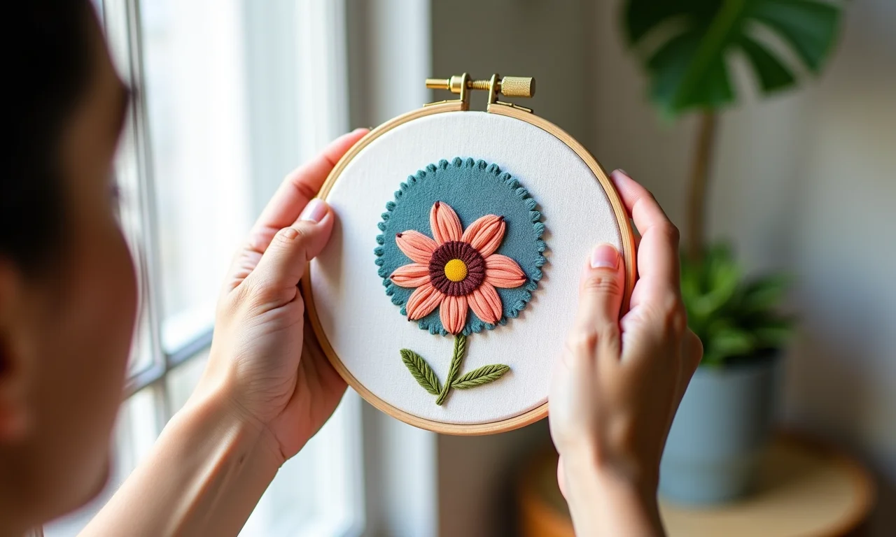 Mãos segurando bastidor bordado finalizado, exibindo a arte.