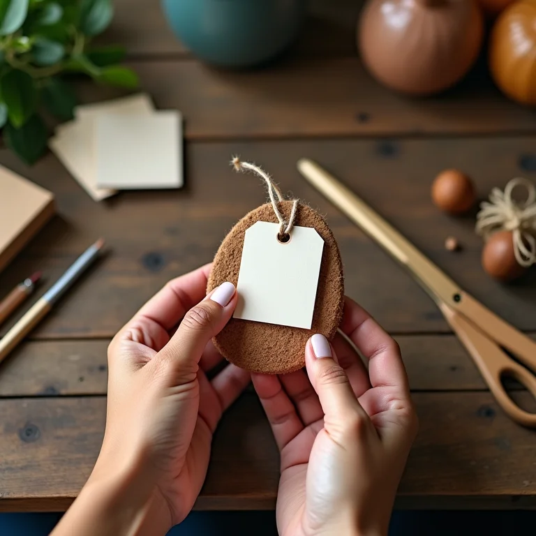 Mãos segurando etiqueta de preço ao lado de artesanato