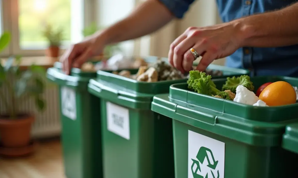 Mãos separando lixo reciclável em lixeiras coloridas.
