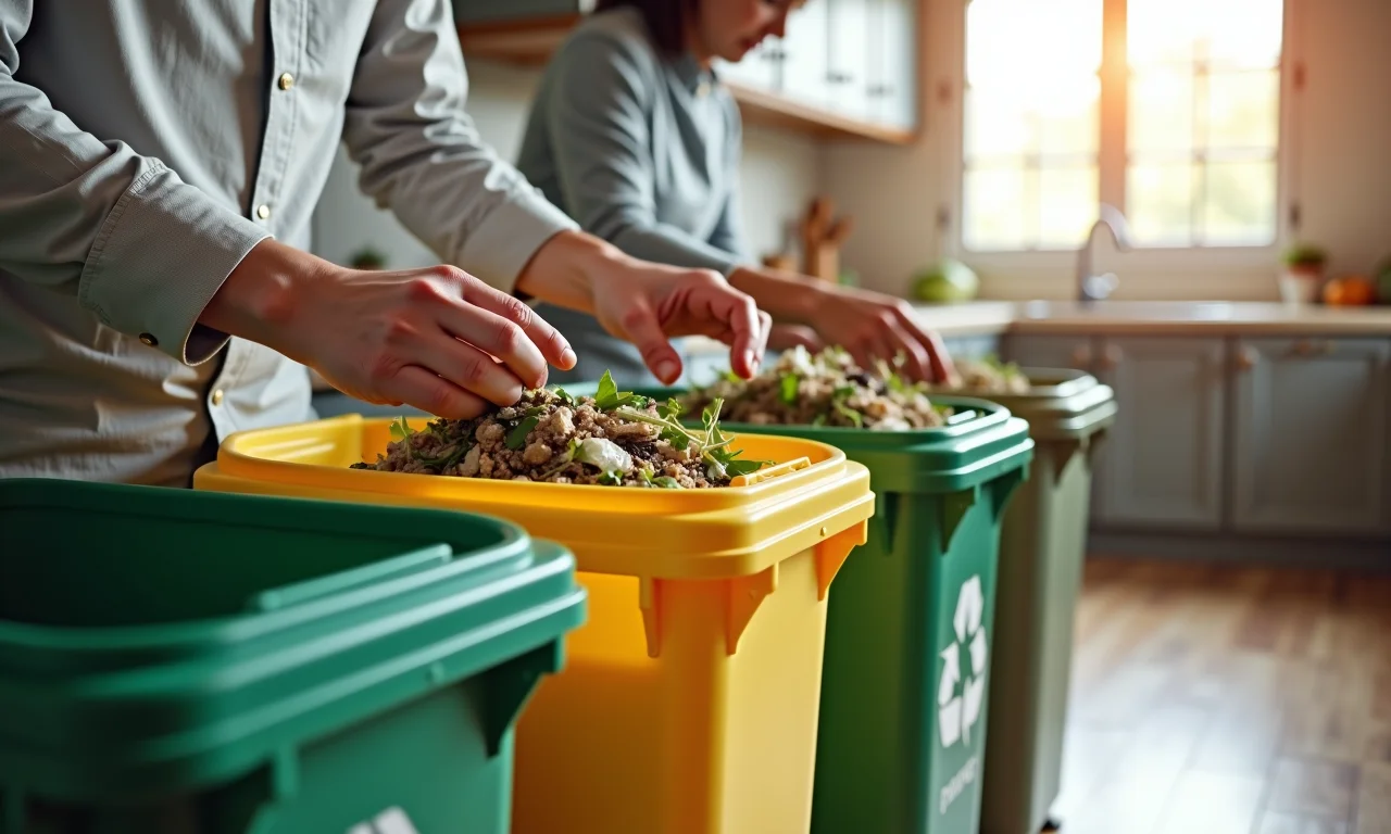Mãos separando o lixo em lixeiras de reciclagem em casa.