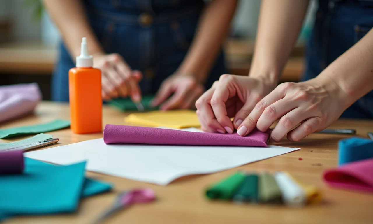 Mãos trabalhando com feltro, tecido e cola em uma mesa de madeira.