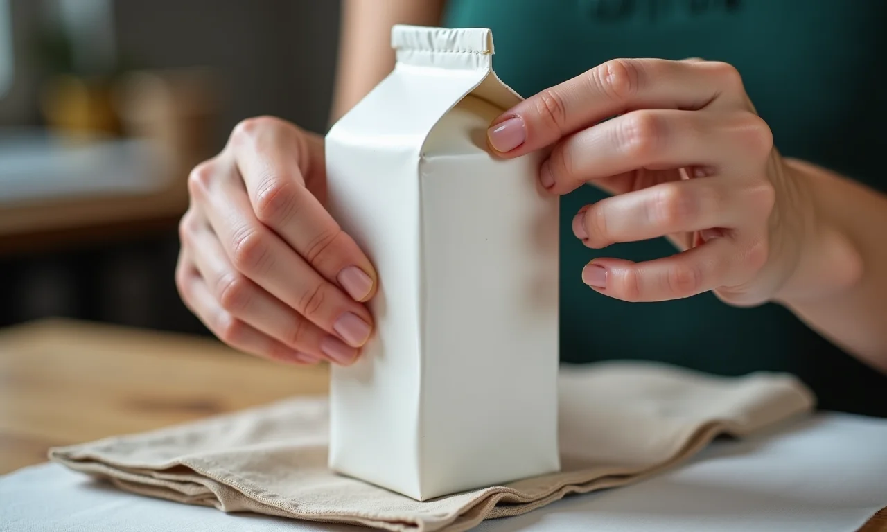 Mãos trabalhando em bolsa de caixa de leite com materiais duráveis.