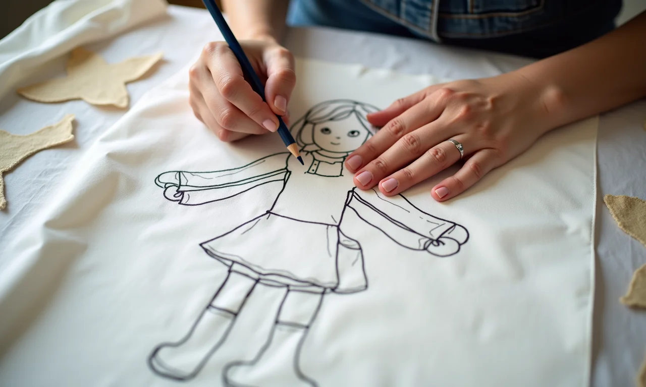 Mãos traçando molde de boneca de pano em tecido com lápis.