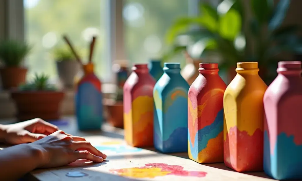Vasos de caixa de leite decorados: como fazer Mãos transformando caixas de leite em vasos coloridos.