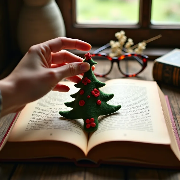 Marcador de página de feltro em formato de árvore de Natal dentro de um livro antigo