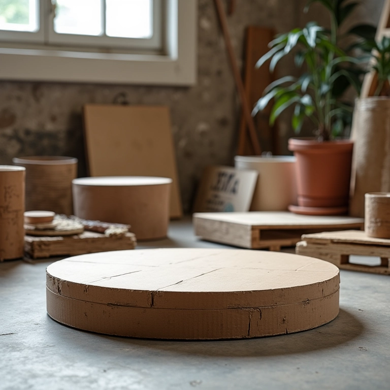 Materiais alternativos como pallets e tubos de papelão sendo considerados para base de puff redondo.