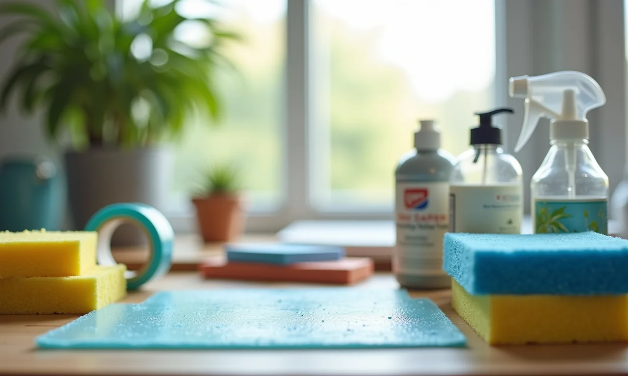 Materiais auxiliares para pintura em vidro: esponjas, fitas e produtos de limpeza.