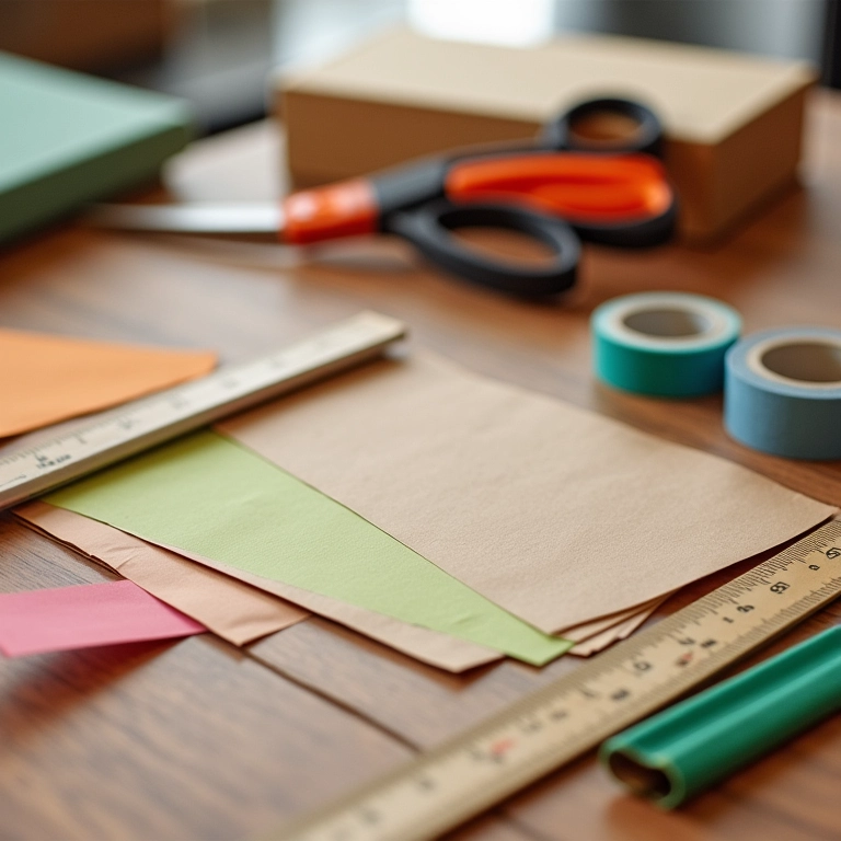 Materiais básicos para construir uma casinha de papelão: tesoura, régua e fitas coloridas.