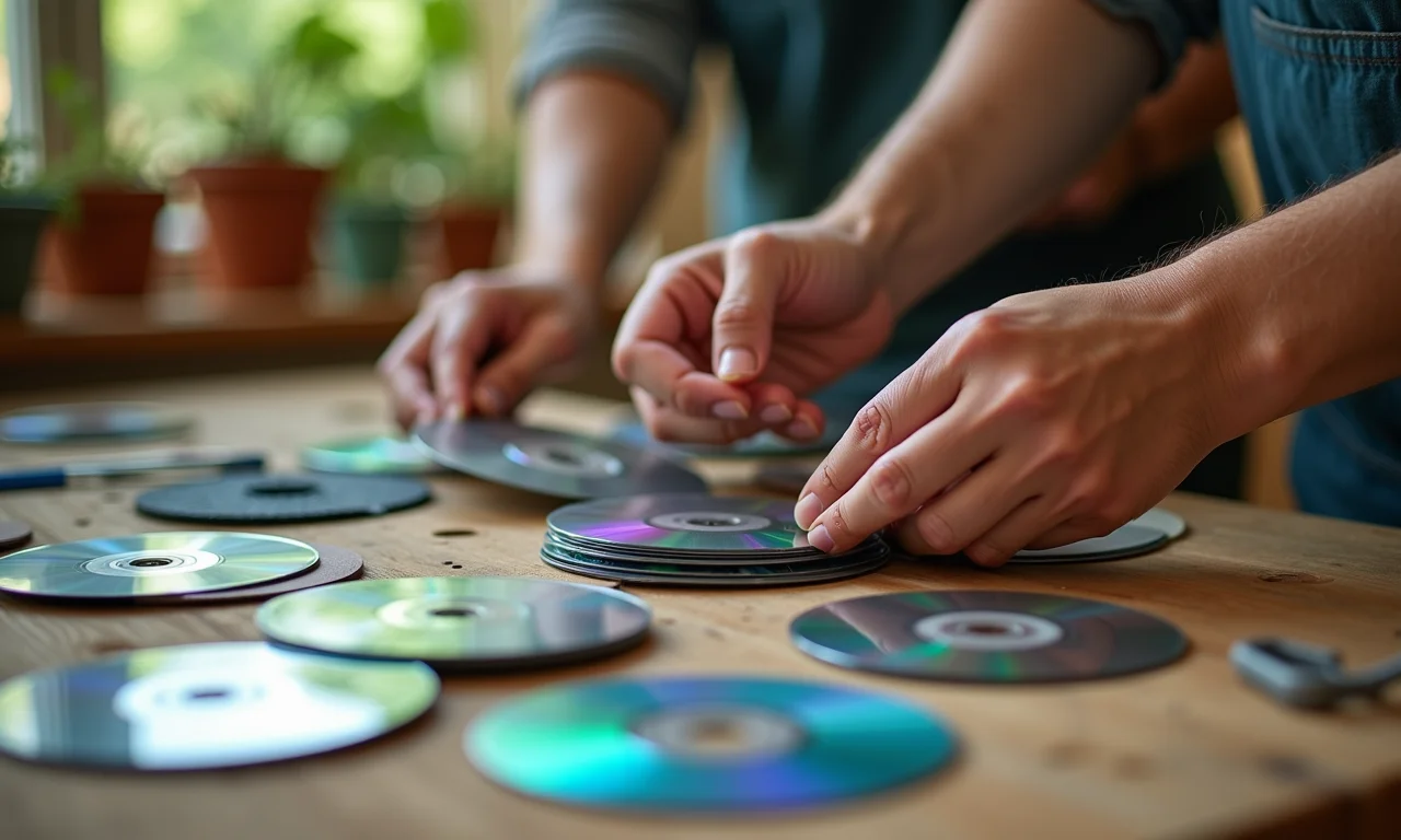 Materiais básicos para reciclagem de CDs em close-up.