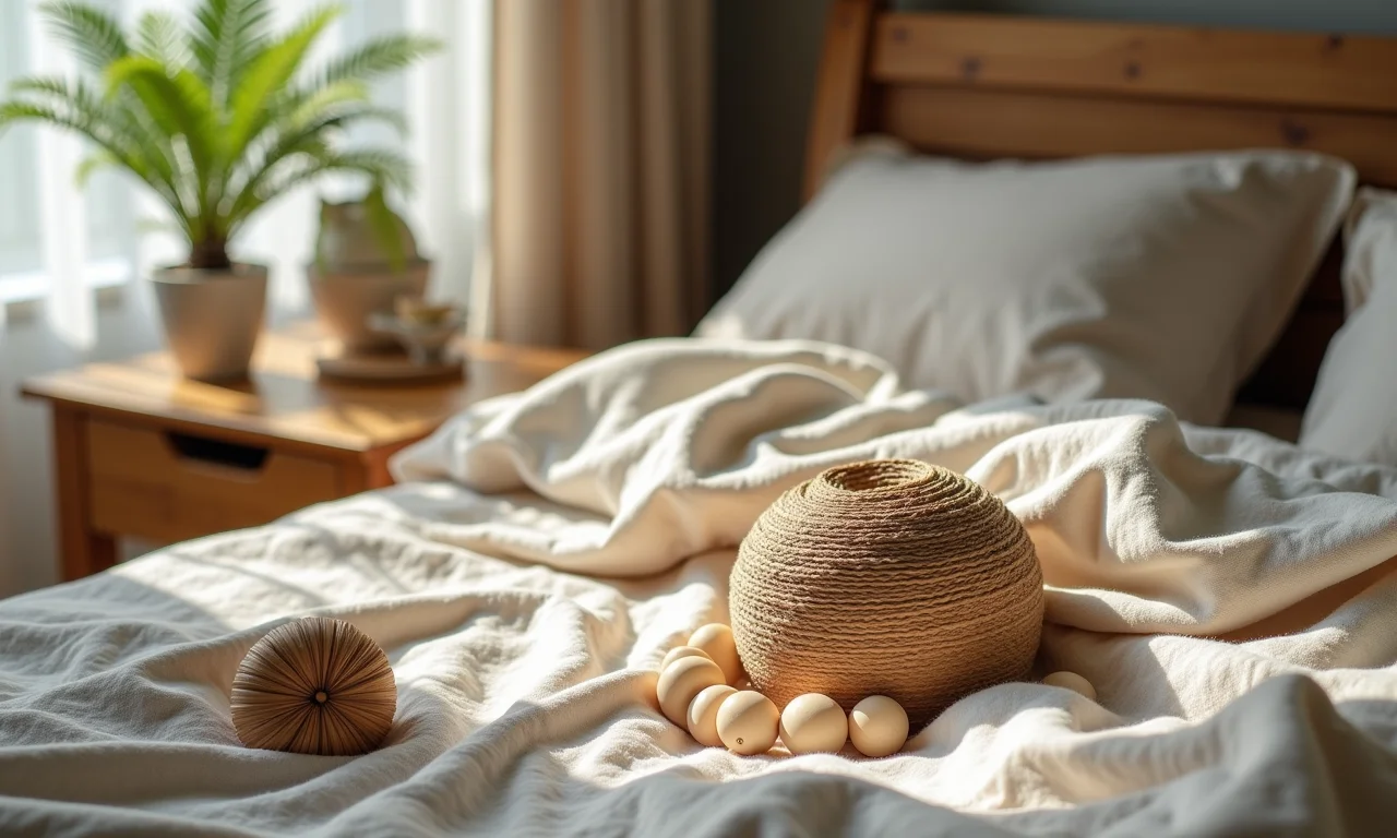 Materiais naturais para artesanato de quarto, como madeira, tecido e contas.
