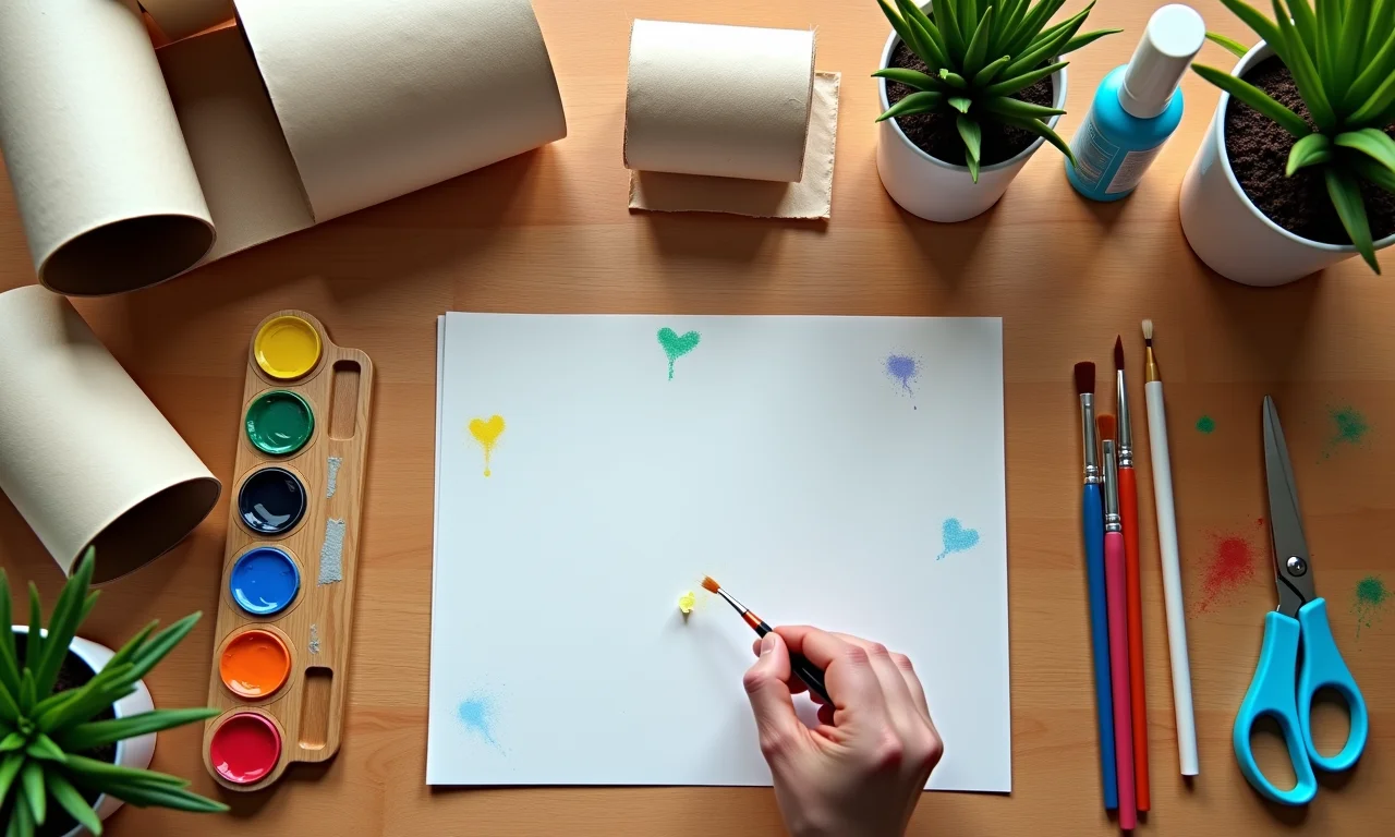 Materiais necessários para pintura com rolo de papel higiênico organizados em uma mesa.