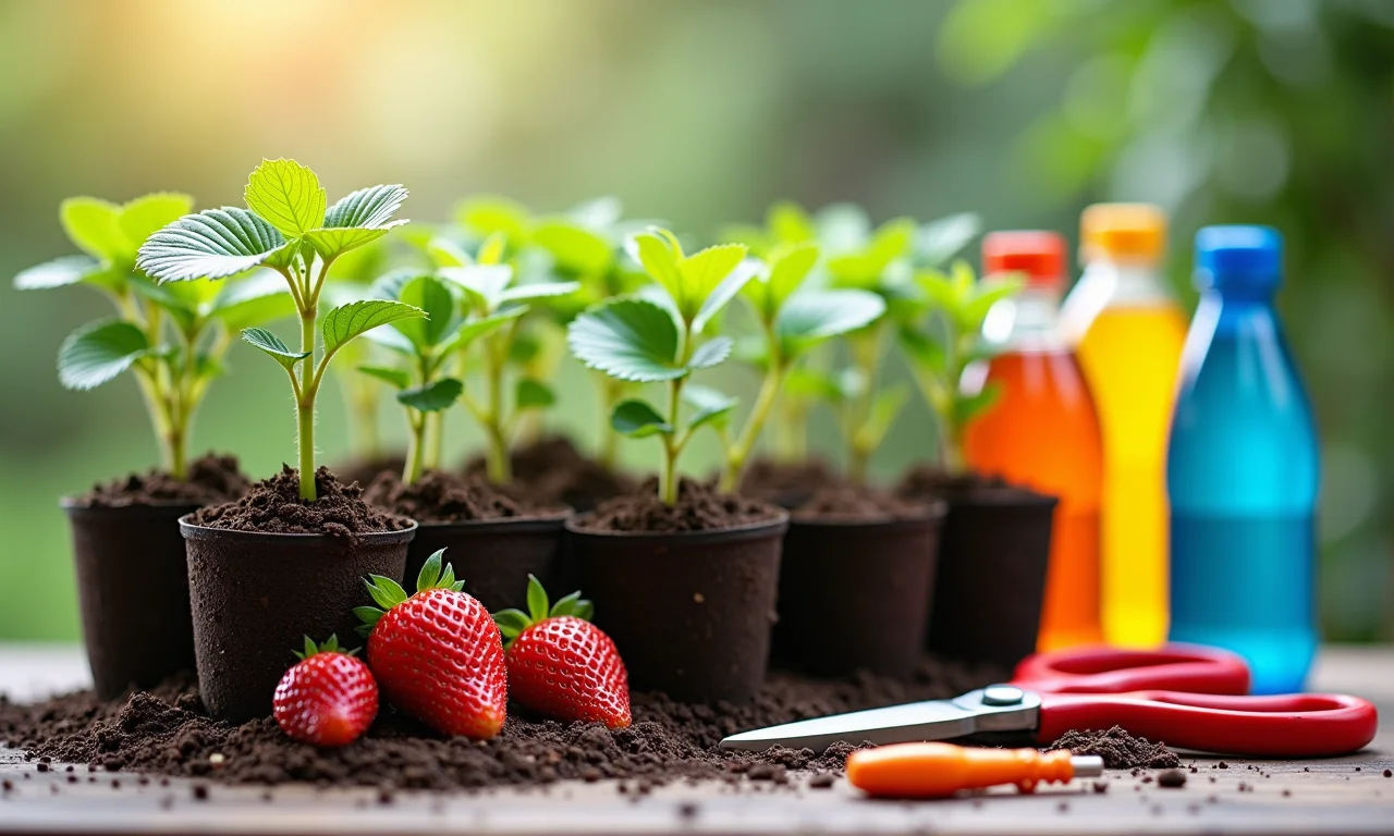 Materiais necessários para plantar morangos em garrafas PET.