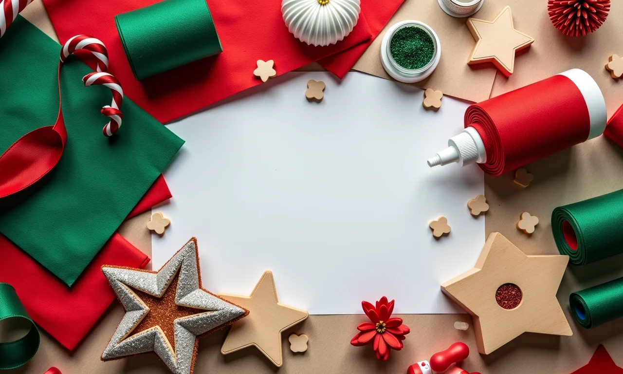 Materiais para artesanato de Natal: feltro, fitas, cola, glitter e estrelas de madeira.