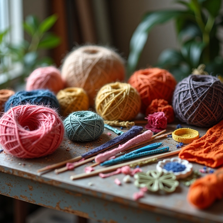 Materiais para artesanato dispostos em uma mesa, fios, tecidos e ferramentas.