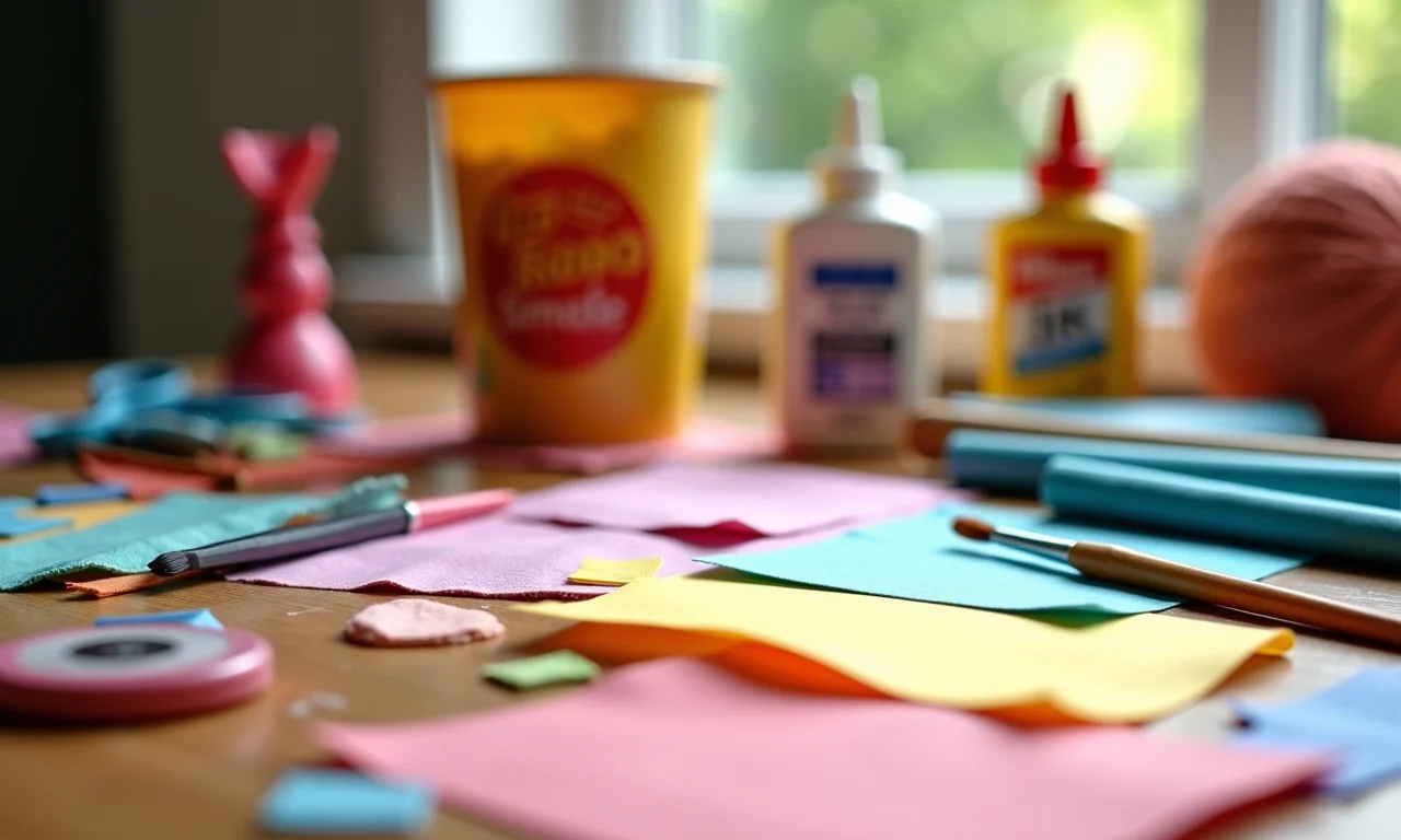 Materiais para artesanato em mesa de madeira: papel colorido, tecido, pincéis, cola e lata de batata.