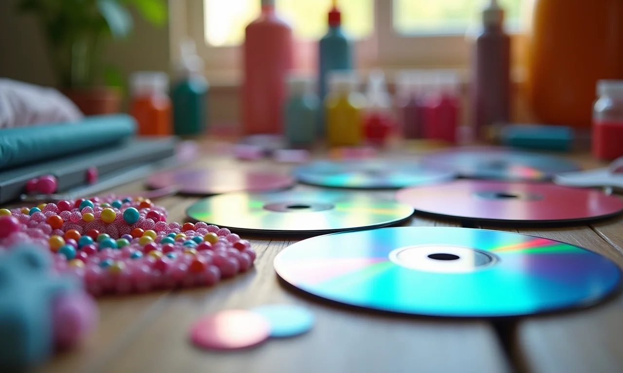 Materiais para decorar CDs: miçangas, glitter, tinta.