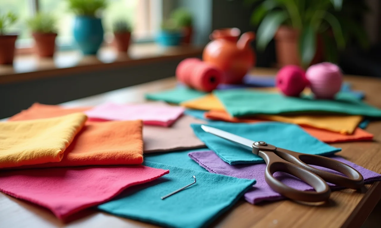 Materiais para guirlanda de feltro: feltro, tesoura, linha e agulha.