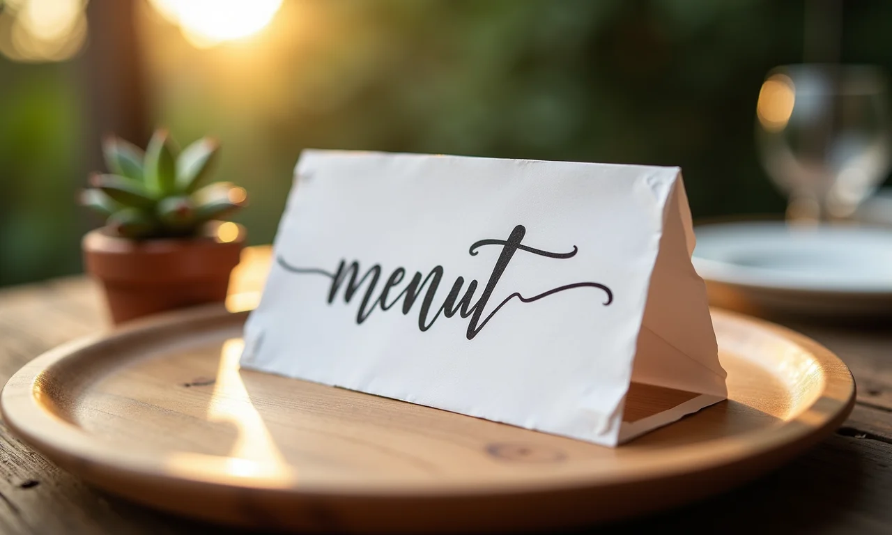 Menus e marcadores de lugar artesanais com caligrafia em prato de madeira