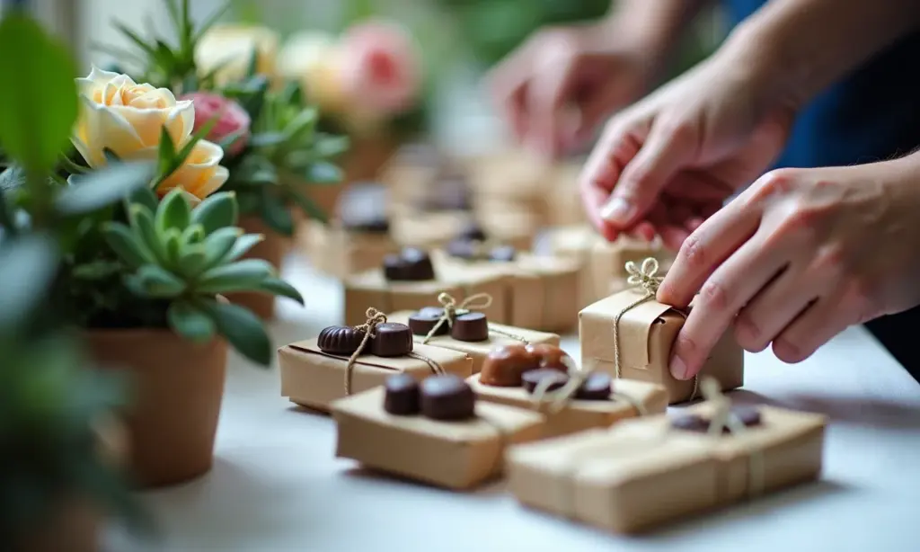 Lembrancinhas simples para casamento: ideias Mesa com diversas lembrancinhas de casamento, como suculentas, chocolates e velas artesanais.