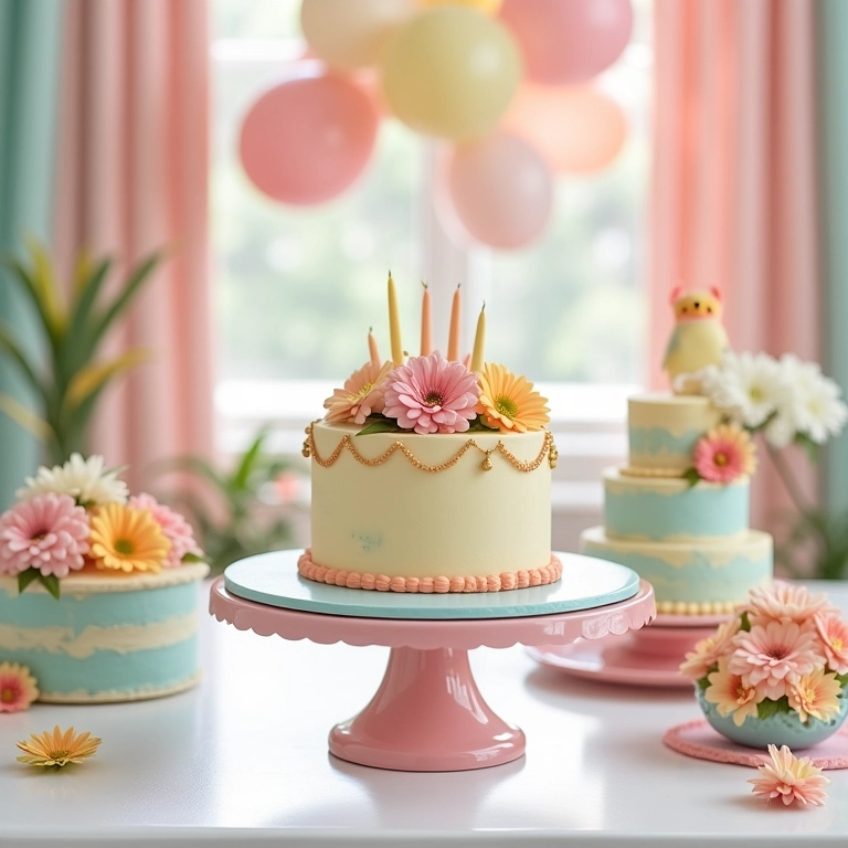 Mesa com produtos coloridos para decoração de chá de bebê.