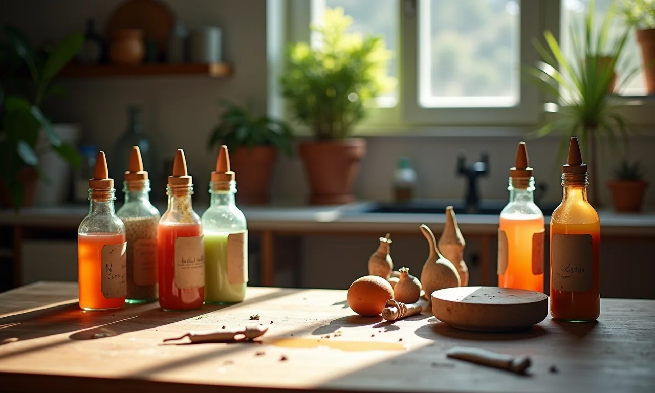 Mesa de artesanato com Cola Cascorez e garrafas.