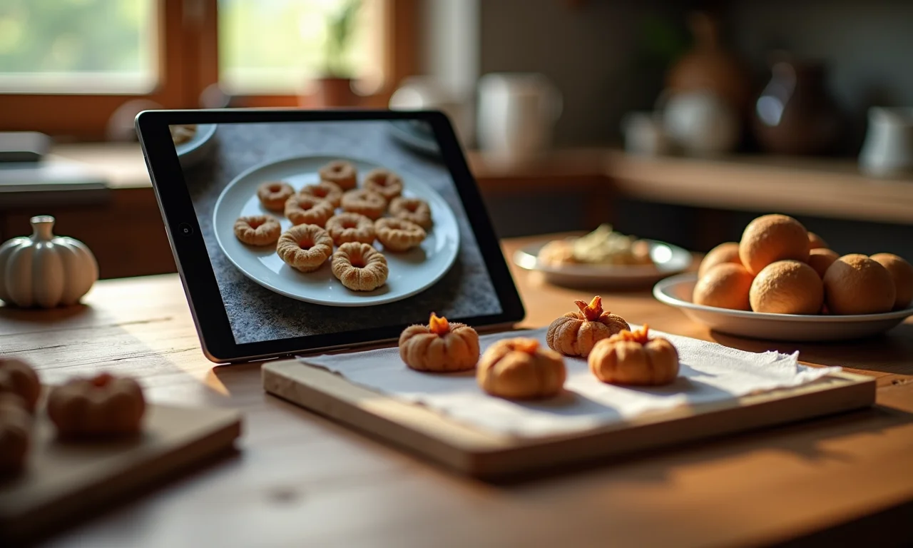 Mesa de artesanato com tablet buscando moldes da Galinha Pintadinha.