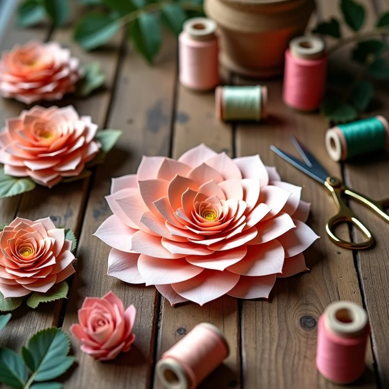 Mesa de ateliê com flores de papel crepom e materiais de artesanato