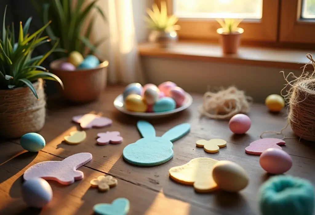 Mesa de ateliê com materiais de artesanato de Páscoa sob a luz da manhã