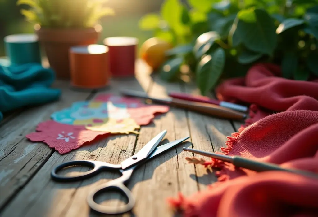 Mesa de ateliê com materiais de artesanato e luz natural